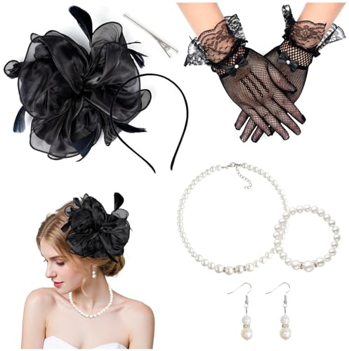 ASFWAGQ Fascinator Hüte für Damen Tea Party Kopfbedeckung Vintage Stirnband mit Kurze Spitze Handschuhe Perlenaccessoires für Hochzeit Halloween Party