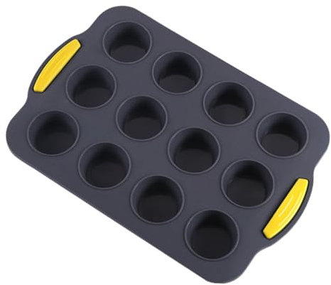 Cabilock Teglia Muffin in Silicone 12 Fori Antiaderente Per Dolci e Pane Resistente e Veloce Stampo Riutilizzabile Per Cucina Famiglie e Ristoranti Colore Grigio Con Manici Gialli