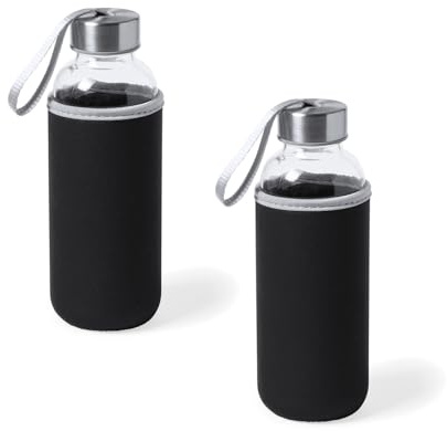Genérico Juego de 2 Botellas de Agua de Cristal de 420ml con Funda de Neopreno y Tapa de Seguridad, Botellas Reutilizables de Bebidas para Deporte, Oficina y Viajes (Negro)