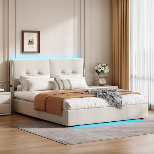 TEOSTWF 160 x 200 cm Dubbelsängsram, ottoman lyftförvaringssäng med LED-ljus, stoppad sängram med gaslyft upp undersängsförvaring, fuskläder (beige C)