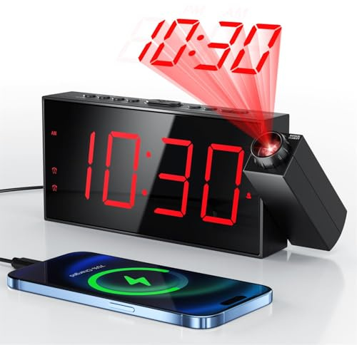 Projektionswecker für Schlafzimmer, Lauter Wecker mit großer 7 LED-Anzeige, Dimmer, 180° Projektor, USB-Ladegerät, 12/24 H, DST, Snooze, Batterie Backup, Schreibtisch Wand Deckenuhr für ältere Kinder