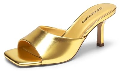 DREAM PAIRS Women's Kitten Heels Sandals – Square Toe Slip On Low Heels, Heeled Mules Footwear for Everyday, Dressy & Casual Occasions,Size 8.5,Gold,SDHS25004W