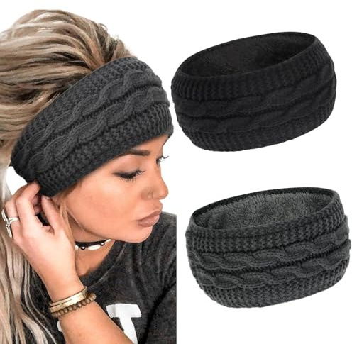 2 Stück Winter Stirnband Damen Strick Ohrenwärmer Stirnbänder Haarband Mädchen Geknotet Gestrickt Verdicken Haarreifen Frauen Haarbänder Häkelarbeit Elastische Plüsch Skifahren (Schwarz & Dunkelgrau)
