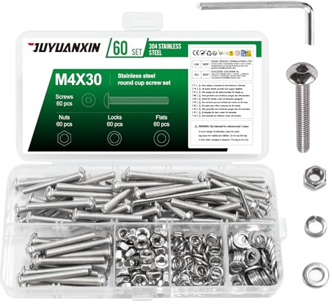 Set di 60 viti M4 x 30 mm, set di viti a testa bombata in acciaio inox a testa tonda con dadi, set di viti filettate e rondelle