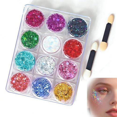 AYZDJ 12 colori glitter gel per viso, corpo e capelli, trucco festivo scintillante senza colla, durevole Rave & Party Glitter
