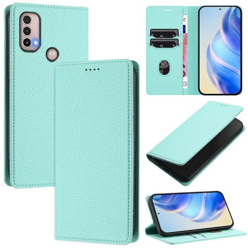xinyunew Funda para Motorola Moto E20/E30/E40 PU Cuero Premium - [RFID Bloqueador] Carcasa de Cuero PU, Magnético Libro Tipo Flip Capa,Soporte Plegable con Tarjetero,Verde Claro