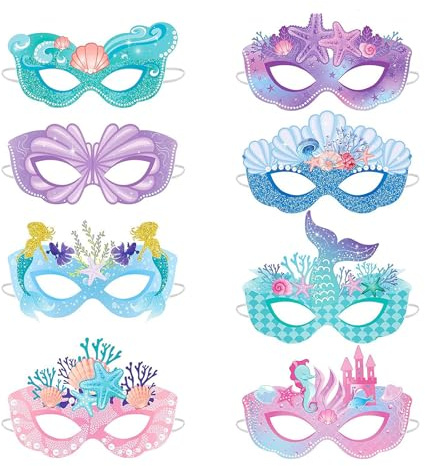 Fesnova 16 Stück Meerjungfrauen Maske Set, Bunt Papier Meerjungfrauen Geburtstag Maske, für Unterwasser Geburtstag Deko, Meerjungfrau Party Deko, Kinder Cosplay