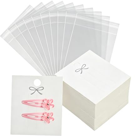 100 Pcs Hair Clip Display Cards with Clear Bags Jewelry Organizer Hair Barrettes Holder Cardboard Packaging Cards for Craft Show Retail Display