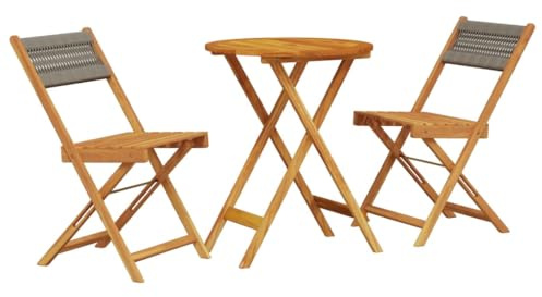 Qnhdfrt 3-TLG. Bistro-Set, Gartensitzgruppe aus massivem Akazienholz, Klappbarer Gartentisch mit Sonnenschirmloch und 2 Gartenstühle für Balkon, Terrasse und Garten, Grau