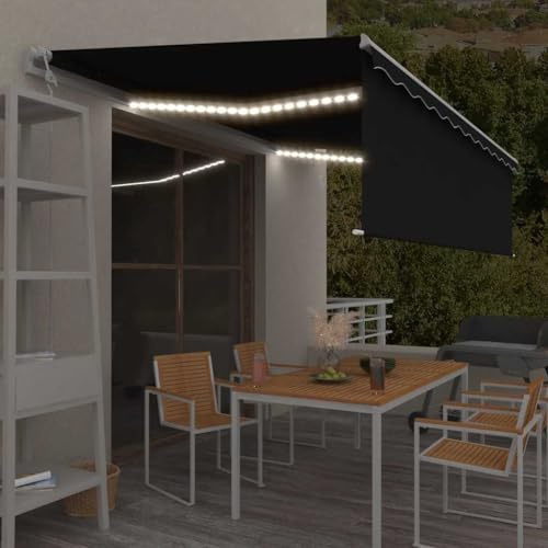 ACAGALA Markise Elektrisch mit Rollo 5x3 m, Gelenkmarkise mit LED Beleuchtung & Windsensor, Handkurbel und Fernbedienung, Terrassenmarkise Balkonmarkise Sonnenschutz, Anthrazit