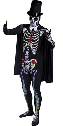 Day of the Dead Sugar Skull Skeleton Skin Suit Halloween Fancy Dress Costume - With Black Stovepipe Top Hat + White Satin Bowtie + Black Cape - Dia De Los Muertos Mexican Spanish Senor - Xx-large