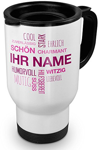 printplanet® Thermobecher weiß mit Namen personalisiert - Motiv Positive Eigenschaften (Modern) Pink individuell gestalten - Coffee to Go Becher, Thermo-Tasse