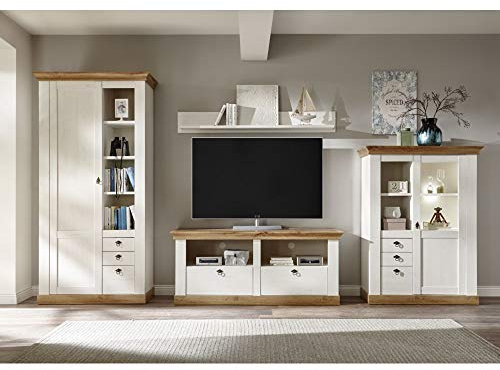 Lomadox Wohnwand im Landhaus Design in Pinie weiß und Wotan Eiche Nb., B/H/T ca.: 386/204/52 cm