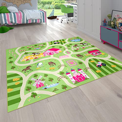 Paco Home Tapis pour Enfants, Tapis de Jeu pour Chambres d'enfants, Paysage et Chevaux, en Vert, Dimension:80x150 cm