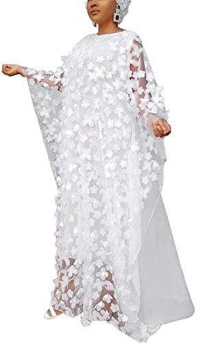 HD African Women Applique Flower Dress Boat Neck White Caftan Chiffon Gown One Size