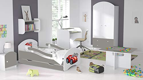 BDW Kinderbett Jugendbett 140 160 180 mit Einer Schublade mit Matratze mit Motiv (160x80cm Grau)