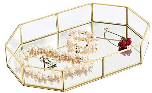 Bandeja de Cristal Dorado con Espejo, Cajas Para Joyas de Vidrio,Bandeja Decorativa de Metal Poligonal Para Joyas, Para el Maquillaje/la JoyeríA/el Té/el Postre