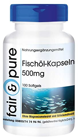 Fair & Pure Fischöl-Kapseln 500 mg Tagesdosis, 100 Softgels, schluckfreundlich, mit Omega-3-Fettsäuren EPA DHA und Vitamin E, Nahrungsergänzungsmittel ohne Magnesiumstearat, in Deutschland hergestellt