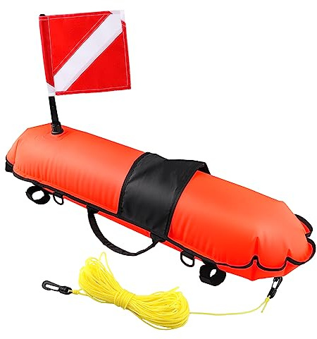 Owekfifv Spearfishing Buoy, Hi-Visibility Inflatable Torpedo Buoy Float Signal Floater Ball with Dive Safety Flag and 82ft Ropes for Scuba Diving, Freediving, Snorkeling, and Swimming etc (Orange)