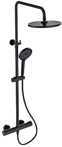 Juego de Mezclador Ducha,Sistema de Ducha con Termostato,Juego de Ducha,Diseño Redondo con Cabezal Ducha Tipo Lluvia,Ducha de Mano de Altura Ajustable,Juego de Ducha Cromado anti Escaldado (Negro)