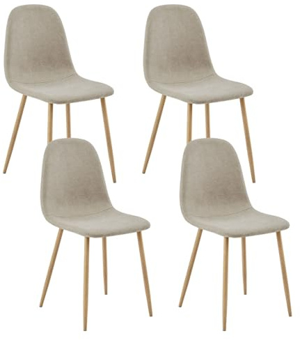 FurnitureR Minimalistischer, gepolsterter Esszimmerstuhl aus Leinen, 4er-Set, kleine Küche, platzsparender Beistellstuhl ohne Armlehnen. Hoher Rücksitz mit Metallbein aus Heller Eiche, Beige