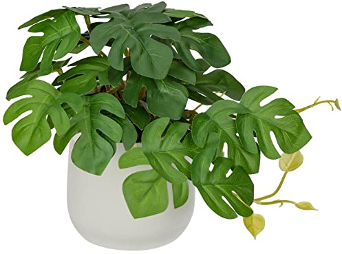 Oairse Small Artificial Plants in Ceramic Pots Decorative Fake Potted Plants Faux Monstera Leaves Realistic Greenery Tropical Plant Indoor for Aesthetic Home Office Kitchen Bathroom Desk Décor