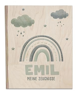 Personalisierte Zeugnismappe aus Birkenholz - Individuelles Geschenk zur Einschulung mit Namen - DIN A4 - Zeugnisringbuch Mädchen & Jungen - hellomini (Regenbogen blau)