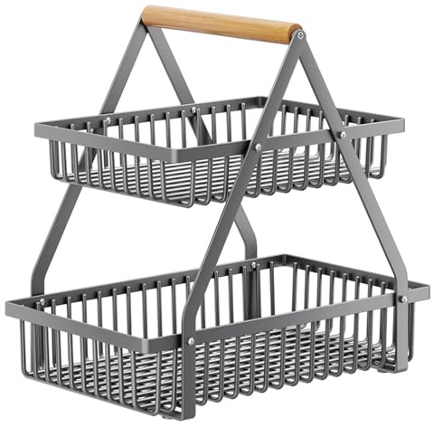 Metal Fruit Basket, Portable Fruit Stand Holder Rack, Kitchen Home Countertop Organizer, Multipurpose Large Storage Basket for Vegetables Snacks Candy, Outdoor Camping Serving Basket (Grey)
