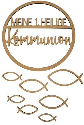 NEO-DESIGN Holzloop Meine 1. heilige Kommunion mit Sieben Fischsymbolen | Wanddekoration für Kommunionsfeier im Wohn- oder Esszimmer