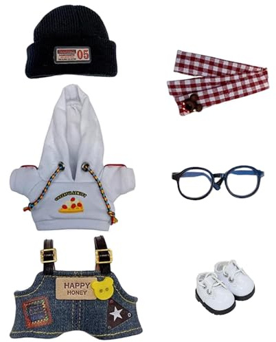 niannyyhouse 10cm Plush Doll Clothes Plaid Scarf Knit Hat Hoodie Bib Pants Glasses Shoes Forest Outfit Doll Accessories Dress Up (White)