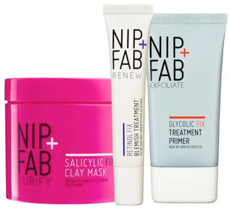 Nip+Fab Skin Perfection Bundle: Retinol Fix Blemish Gel, Glycolic Fix Treatment Primer & Salicylic Fix Clay Mask Trio for Flawless Skin