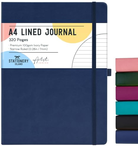STATIONERY ISLAND A4 linjerad anteckningsbok, 320 sidor tjock journal anteckningsbok, linjerad journal inbunden med 100 gsm för att skriva, arbeta, studera, dagbok, blåbär