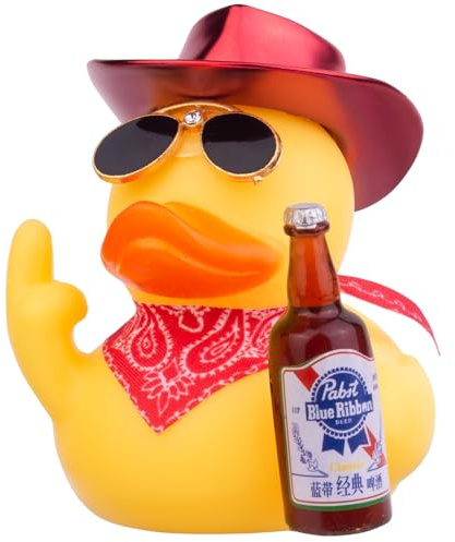 Mwmoeen Gummi Ente Auto Ornament, Gelbe Ente Auto Armaturenbrett Dekorationen Zubehör mit Mini Cowboyhut Schal Sonnenbrille und niedliche Flasche, 6.5cm