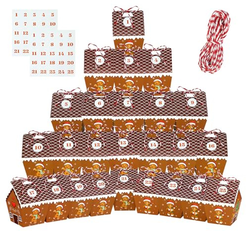 50 Stück Adventskalenderbox Geschenkboxen aus Papier in Hausform mit Bindfäden, Kraftpapier, Dekoration, Süßigkeiten, Schokolade, Geschenkverpackung, Verpackung für Hochzeit, Weihnachten