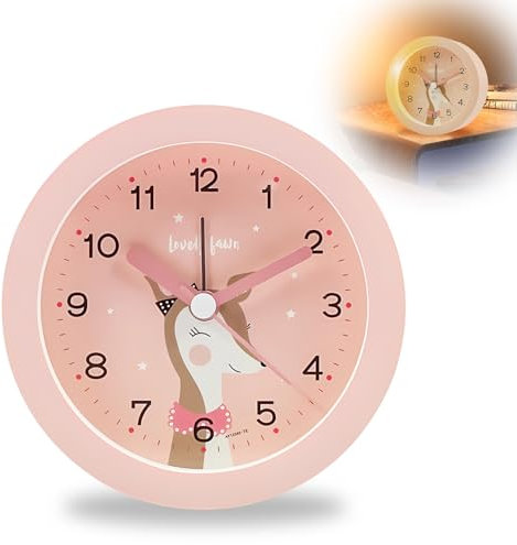 Idota Sveglia per bambini, senza ticchettio, simpatica con luce notturna, analogica, sveglia dolce per i principianti, alimentata a batteria (senza batteria) – Rosa cervo