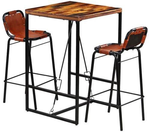 ShGaxin Bar-Set 3-TLG Bartisch Mit Barhocker Set, Hochtisch Mit Stühlen Set, Esstisch Mit Stühlen, Küchentheke Mit Hocker, Altholz Massiv und Echtes Ziegenleder