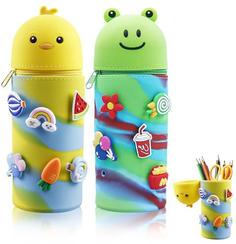 2 Stück Federmäppchen aus Weichem Silikon, Kawaii Federmäppchen, Federmäppchen, Stand up Schlampermäppchen, Tischstifthalter, Reißverschluss, Teleskopisc, Grün Frosch, Gelb Küken, für Schülerin