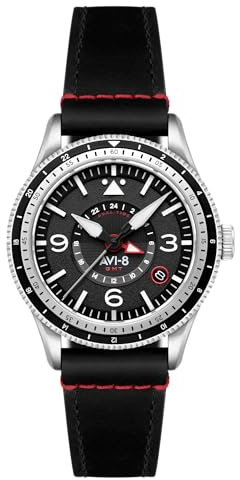 AVI-8 Men's 40mm Flyboy Airmaster GMT Automatic Engine Black Watch with Leather Strap AV-4128-01