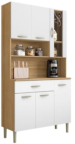 Buffet de Cuisine 6 Portes 1 Tiroir Chêne et Blanc L 90.9 H 173.5 P 36.3 cm