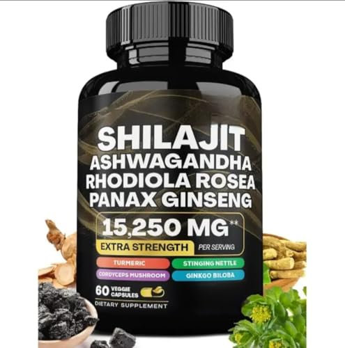 Shilajit, Ashwagandha, Turmeric, Gingko Baloba, Panax Ginseng, Rhodiola Rosea, Stinging Nettle, Cordyceps Mushroom 8 in 1 Dietary Supplement, 60 Vegan/Vegetarian Extra Strength Capsules