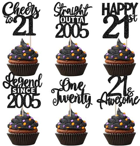 Xsstarmi 24 Pack Black 21st Birthday Cupcake Toppers Twenty One Straight Outta 2005 Cupcake Picks Cheers to 21 Lengend Since 2005 Cake Decor for 21st Birthday Anniversary Party Supplies