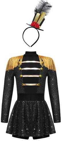 CHICTRY Zirkus Direktor Kostüm Kinder Mädchen Pailletten Tanzkostüm Langarm Tanzkleid Fransen Quasten Trikotanzug Mit Zylinder Hut Faschingkostüm Schwarz 146-152