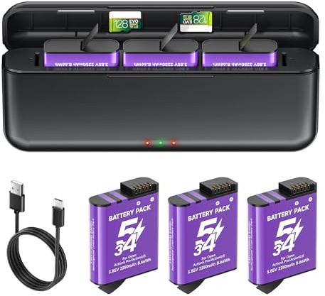 Palogreen Osmo 360/Action 6/5 Pro/4/3 batterier 2250 mAh med laddare för -DJI Osmo 360/Action 6/Action 5 Pro/Action 4/Action 3, med typ C-kabel, TF-kortlagringsutrymme (3 x batterier 1 x laddare)
