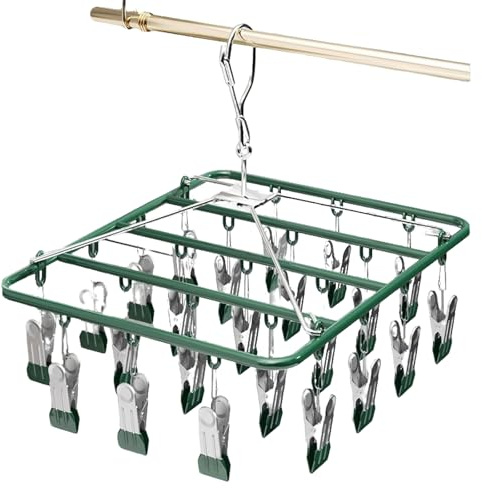 Antivento pieghevole rettangolare stendino, Clip in acciaio inox stendino per calzini con 23 clip, Stendibiancheria Con Gancio Girevole, Antivento, Per Calze, Biancheria Intima(23 mollette)(verde)