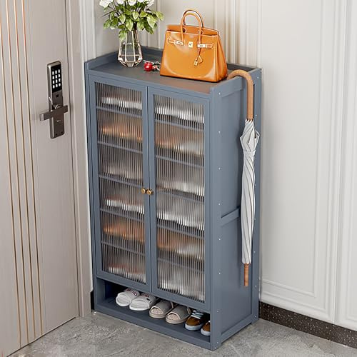 Meuble à chaussures gain de place, meuble à chaussures en bambou avec portes et caillebotis pour couloirs et entrées, support à chaussures en bois gris pour bureau et maison (60 × 32 × 107 c