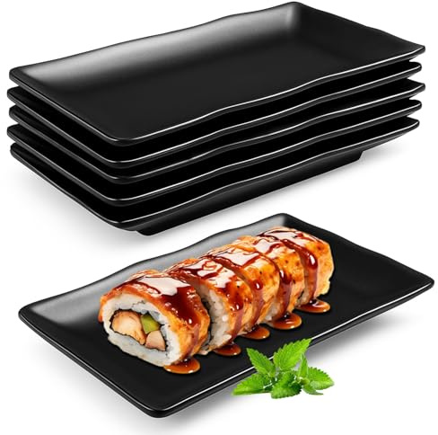 Jinfanshurich Teller Rechteckig, Servierplatten Porzellan Rechteckig, Schwarze Vorspeisenteller, Dessertteller, Snackteller für Sushi, Kuchen, Salat, Obst, Antipasti, Beilagen (6pcs)