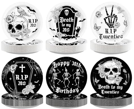 Grencian 60Pcs 30th Birthday Paper Plates 9 Large Disposable Heavy Duty Gothic Death to My 20s Platters Black White Rip My 20s Dessert Plate for Twenties Funeral My Youth Birthday Party Decoration