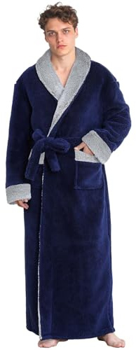 PUTUO Lång fluffig badrock för män: Extra lång vintermorgonrock av plysch för män – mjuk varm fluffig fleece badrockar morgonrock present, Marinblå, L