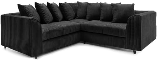 Black 5 Seater Corner Sofa - Corner Scatter Back Settees - Comfy Jumbo Cord Couch - Sectional Dual Arm Sofas - 2c2 Sofa & Footstool for Living Room Lounge (5 seater without footstool)