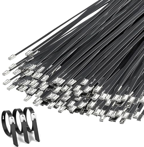 XHMAXE Heavy Duty Metal Cable Ties,200PCS Black Zip Ties, 4.6 x 200mm | Stainless Steel Wire Ties, 268LBS Load, Rustproof and Heat Resistant for Fences, Pipes, Farms, Cables and Outdoor Use
